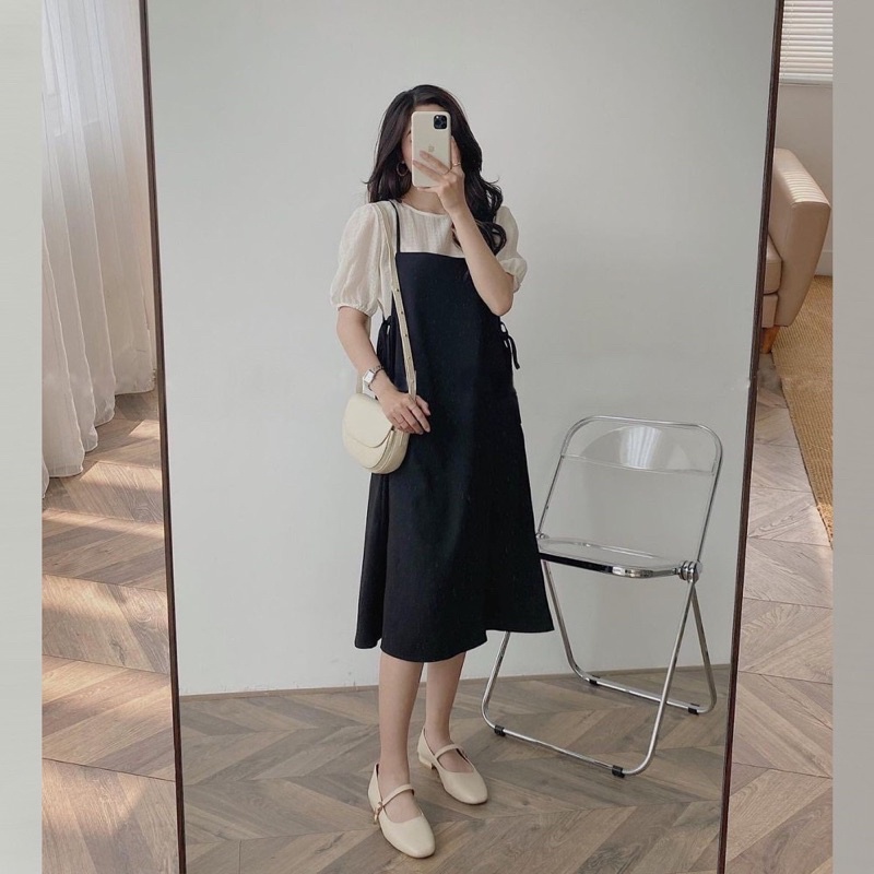 Set váy yếm 2s  dáng dài kèm áo sơ mi cộc tay chất xốp Ulzzang Vintage 2022