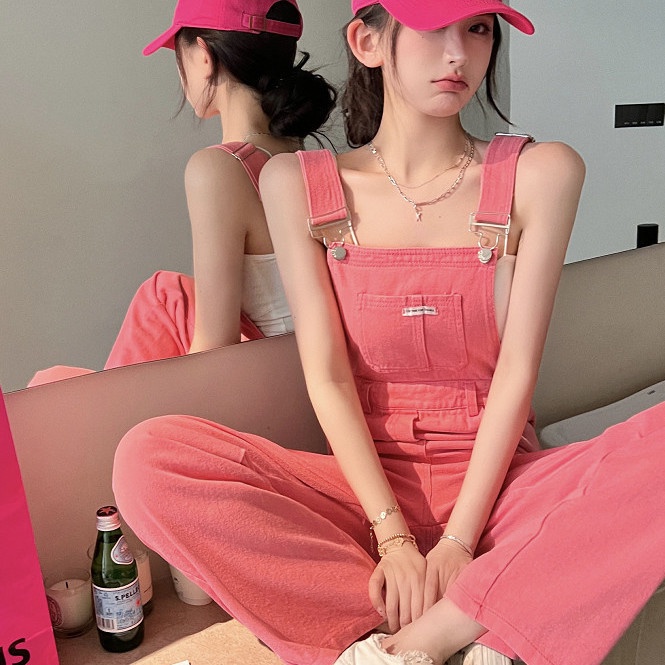 Quần yếm eo cao màu hồng đen trẻ trung hợp thời trang dành cho bạn gái