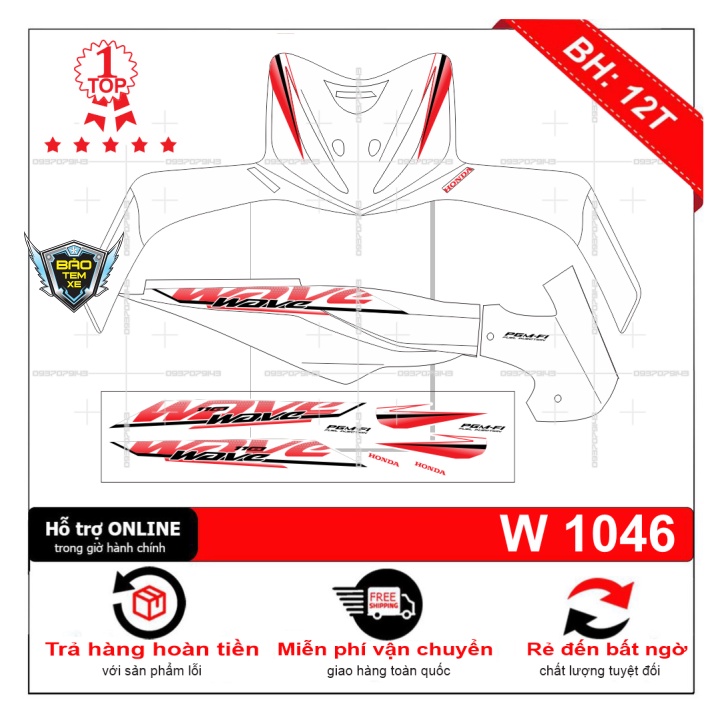 Tem rời dán xe wave S 110 trắng đỏ - Bi Decal