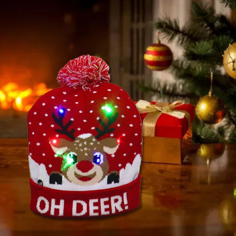 Mũ Beanie Dệt Kim Hình Tuần Lộc Có Đèn LED Nhiều Màu Sắc Cho Nam Và Nữ