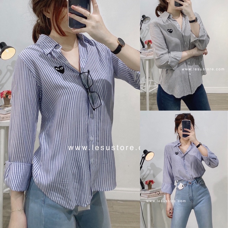 ẢNH TỰ CHỤP Áo sơ mi sọc nhuyễn thêu trái tim tay dài