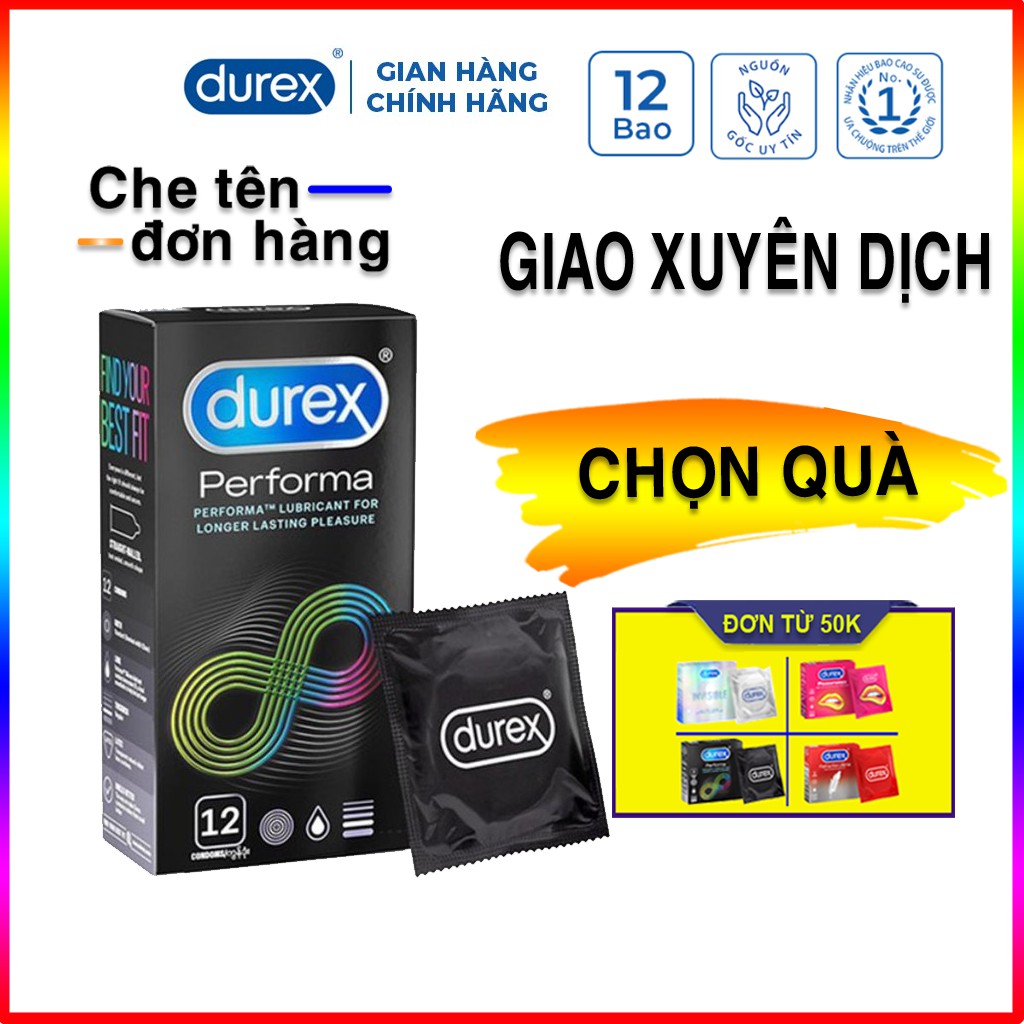 Bao cao su Durex Perfoma 12 bao.Bcs t.rị xuất tinh sớm, kéo dài thời gian | Hãy chọn quà Durex 3 bao trên đơn hàng.