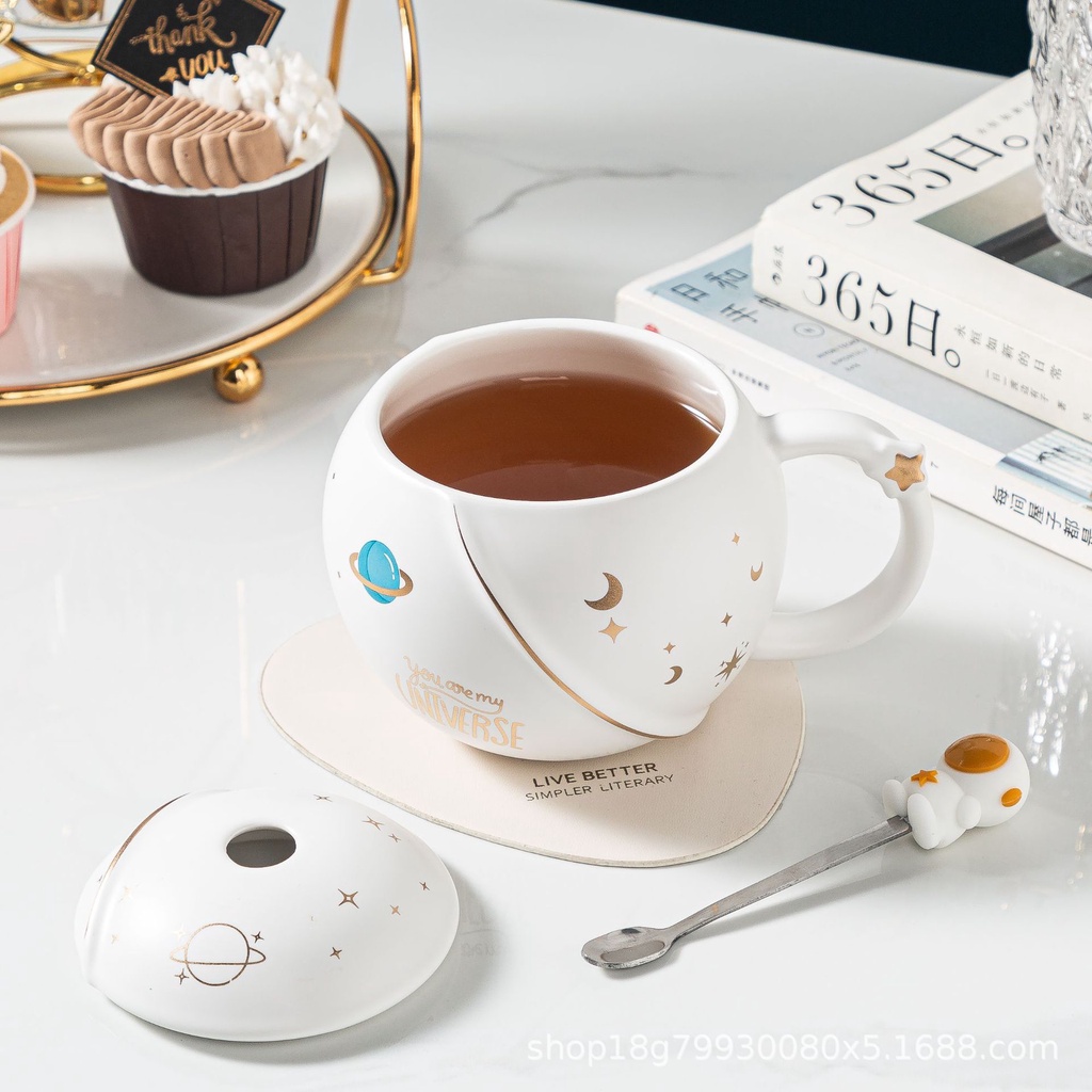 Cốc Sứ Uống Cà Phê Hình Phi Hành Gia Có Nắp Và Muỗng Sáng Tạo