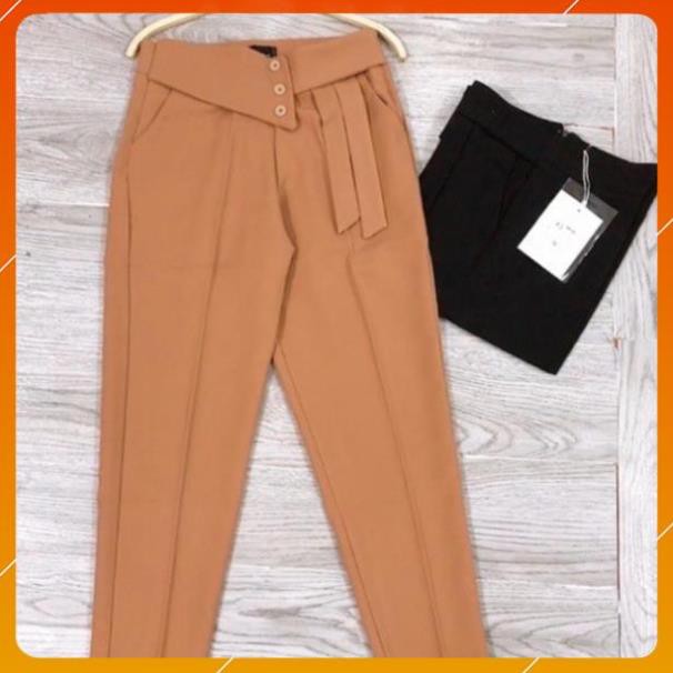 Quần baggy nữ vạt nơ - Quần bagy lưng cao vải tuyết mưa phối 3 cúc hàng đẹp