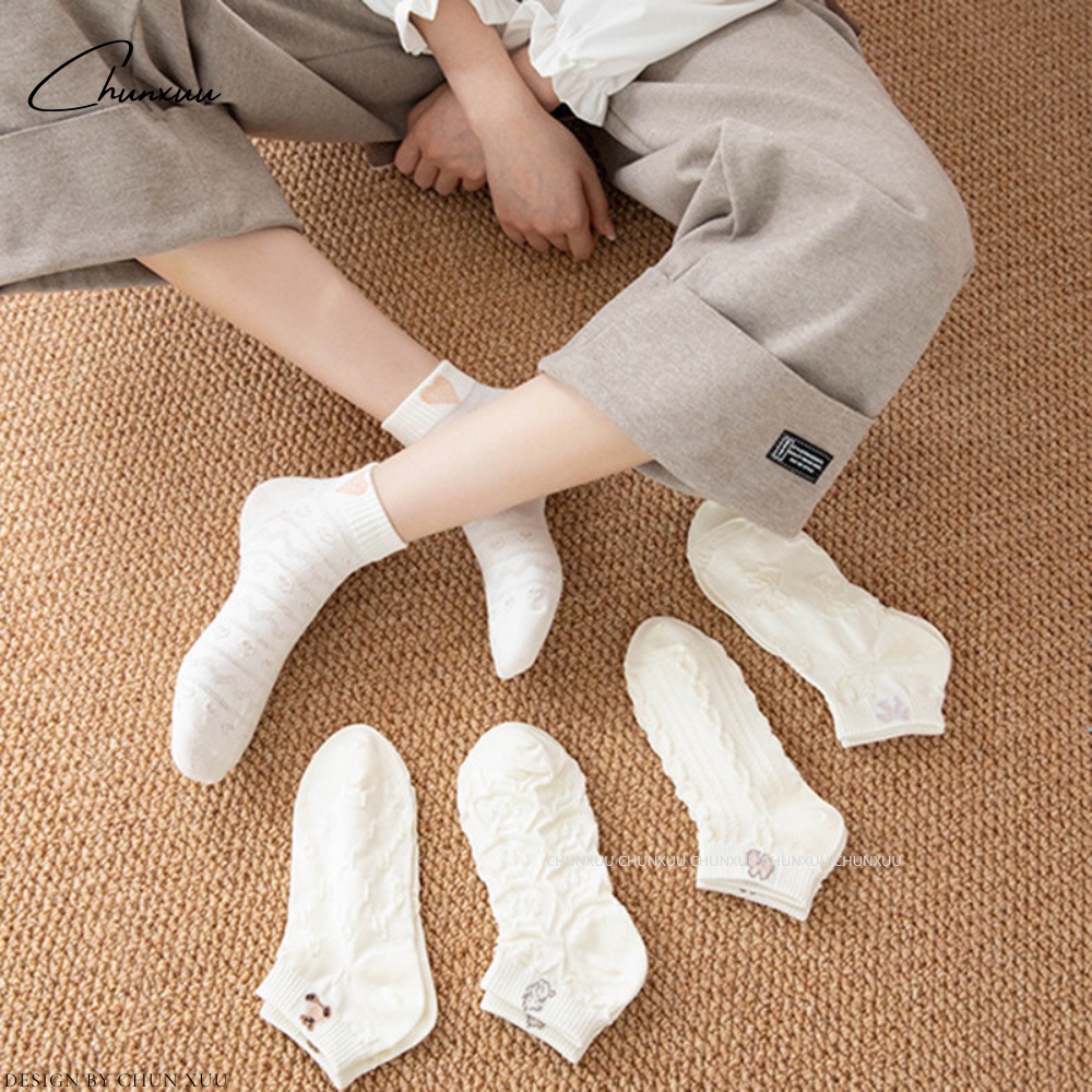 Tất nữ cổ ngắn Xuu vải cotton co dãn phối họa tiết dập nổi cao cấp - T13
