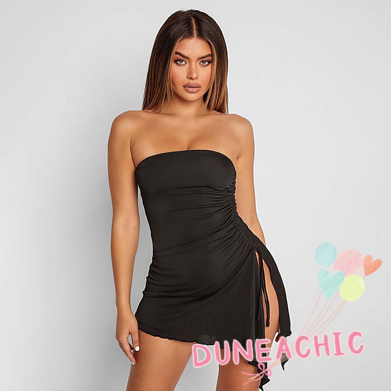 DUNEA Đầm không tay thiết kế xẻ tà phối dây rút quyến rũ cho nữ