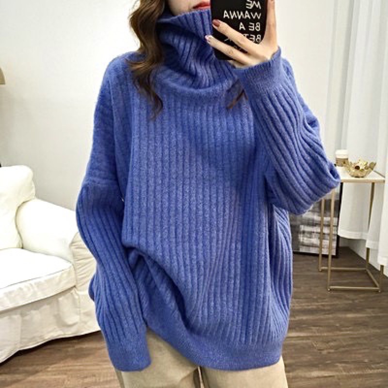 PINKYLA - Áo len cổ lọ form rộng - màu xanh coban, hồng đất