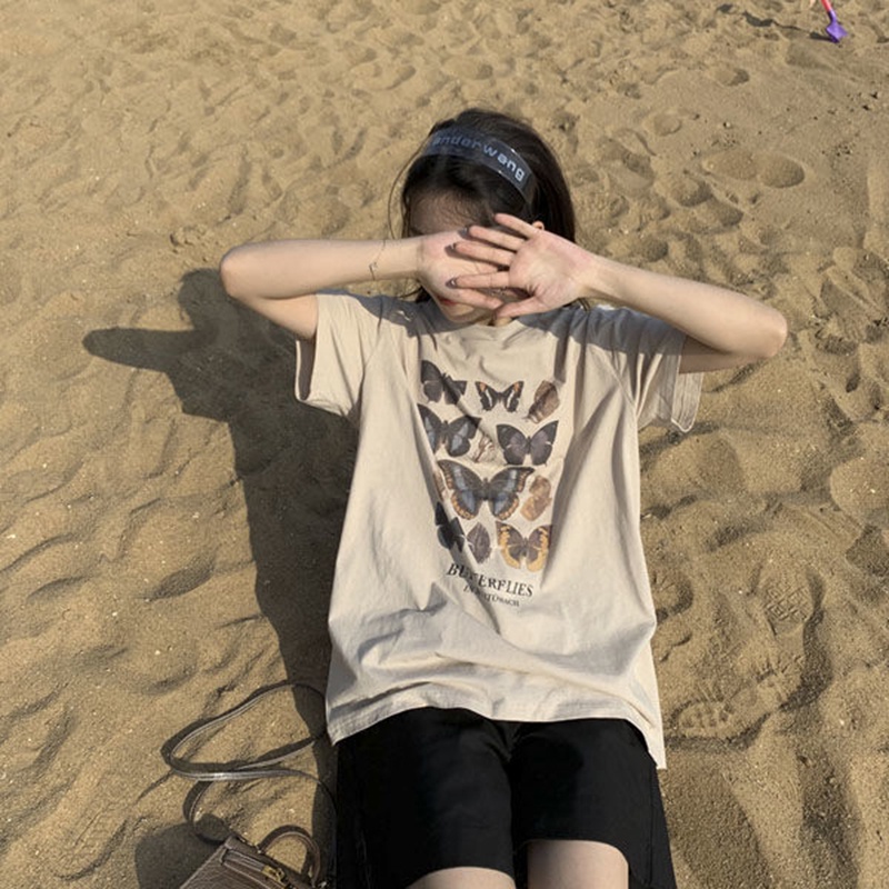 IELGY Áo thun tay ngắn dáng rộng in họa tiết bươm bướm phong cách cổ điển dành cho nữ
