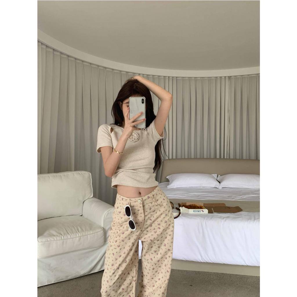 Cocory vn Set Áo Thun Ngắn Tay Hở Rốn + Quần Dài In Họa Tiết Thời Trang Mùa Hè Cho Nữ