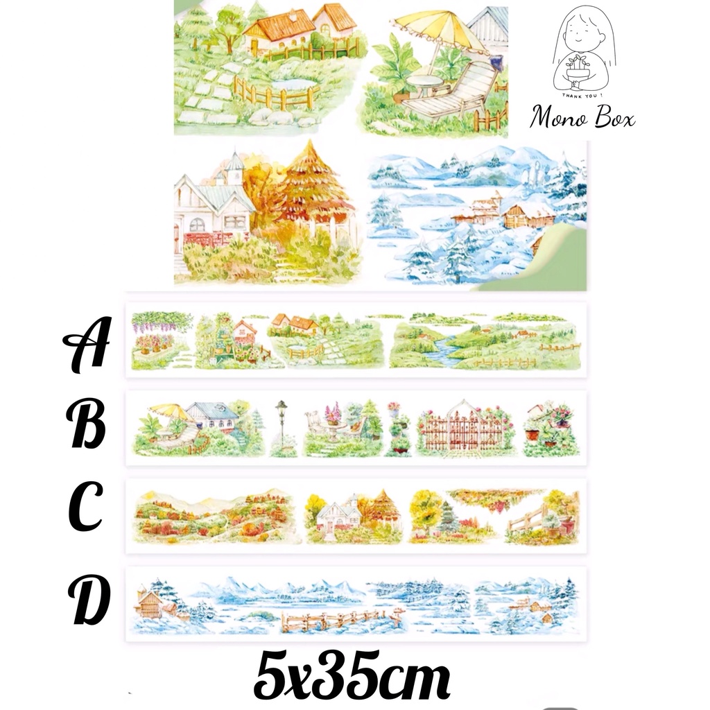 [Chiết] Washi tape 5x35cm, băng keo dán trang trí chủ đề bốn mùa trong vườn làm tranh washi Mono_box