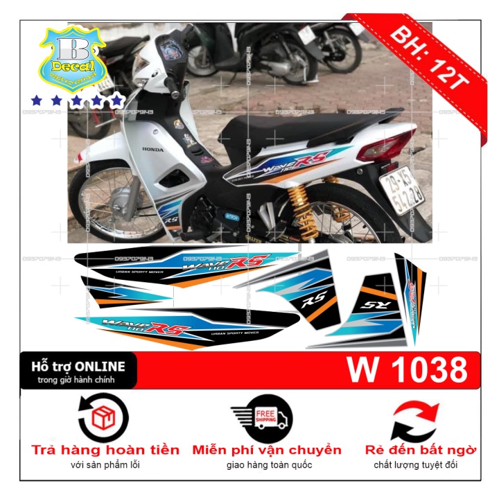 ( Quí khách vui lòng mang ra tiệm cho thợ dán ) Tem wave 110 RS trắng xanh