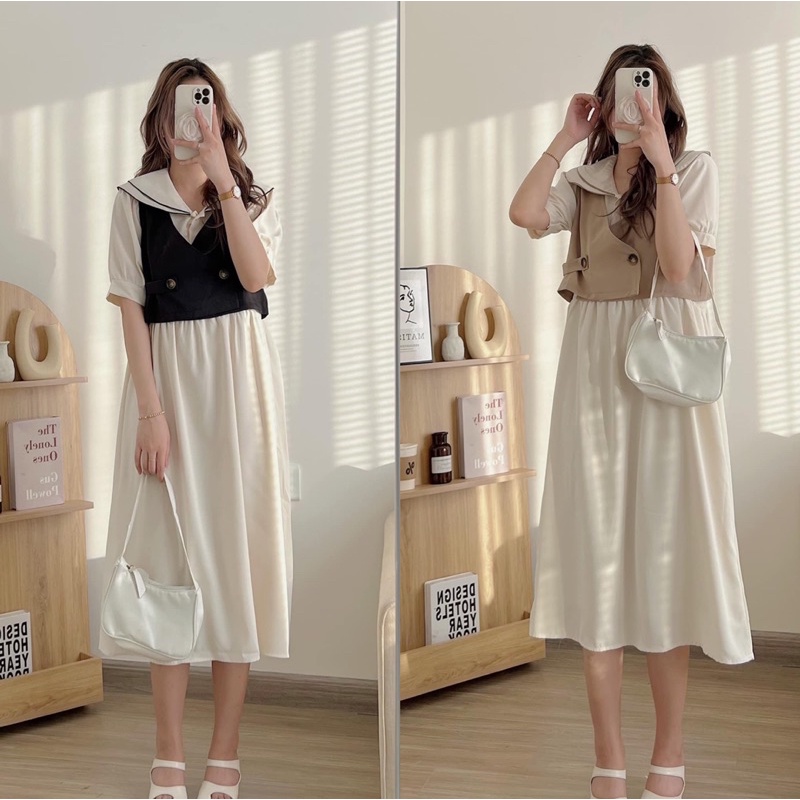 Set váy cổ sen 2 tầng kèm váy gile