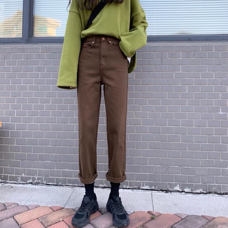 Quần jean suông dáng baggy màu khaki nâu dễ mặc, che khuyết điểm-344