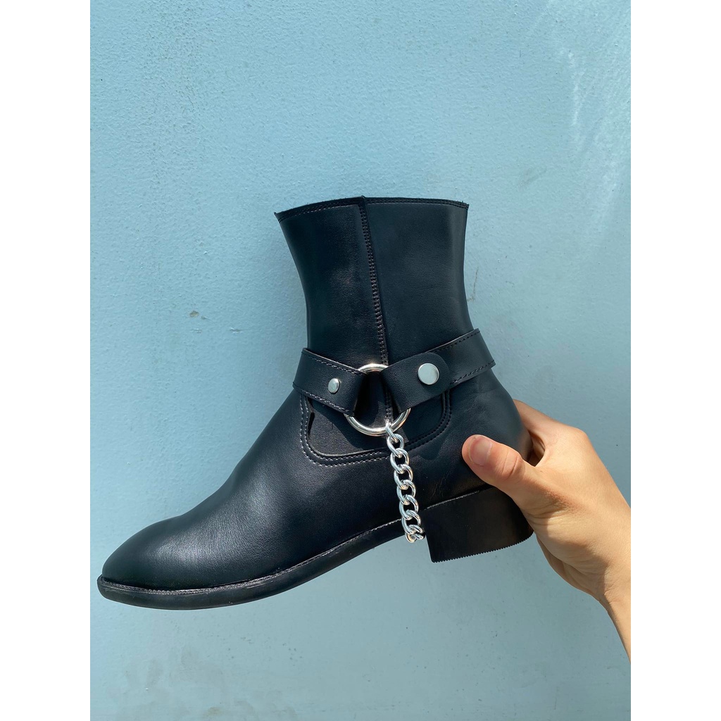Phụ kiện đai xích mang kèm Zip Boots, bản xích to, chất liệu da trơn màu đen có thể thao lắp linh hoạt