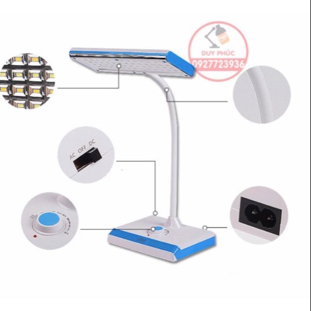Đèn học để bàn KM-6690C 52 led siêu sáng - 2 màu sáng dùng pin sạc hay điện AC 220v