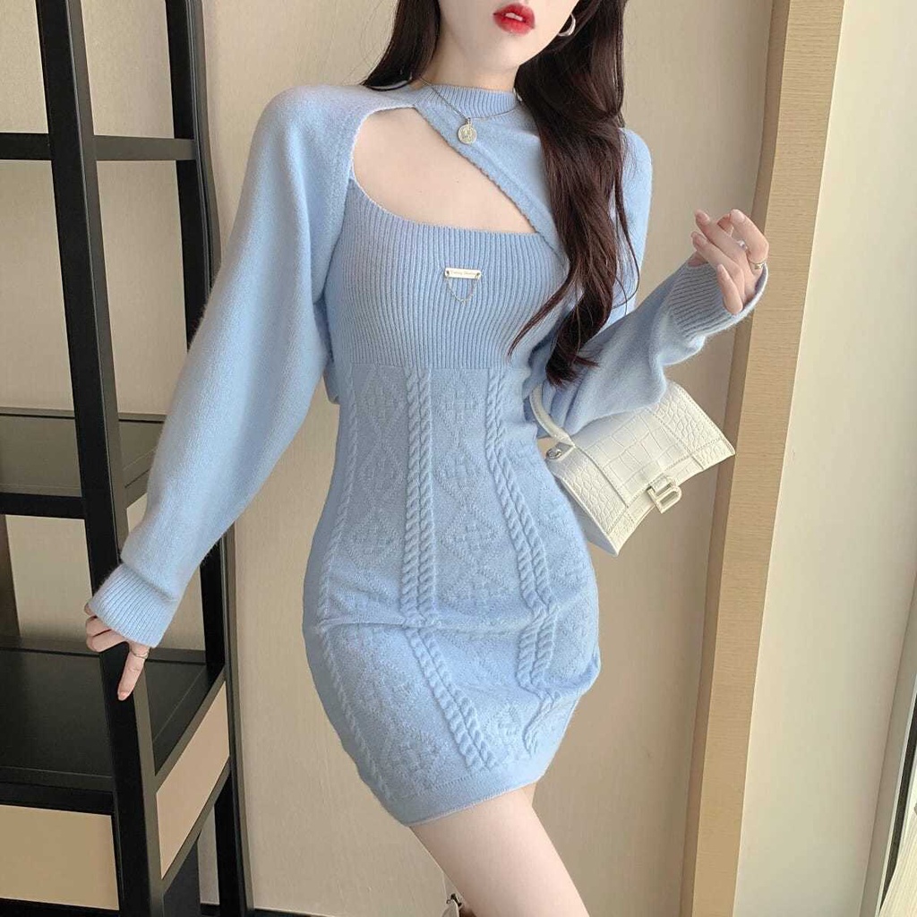 Set đầm dệt kim dáng ôm thời trang thu đông cá tính cho nữ