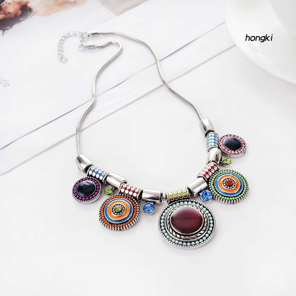 Dây chuyền làm từ hợp kim mặt tròn đính đá phong cách dân tộc thời trang cho nữ