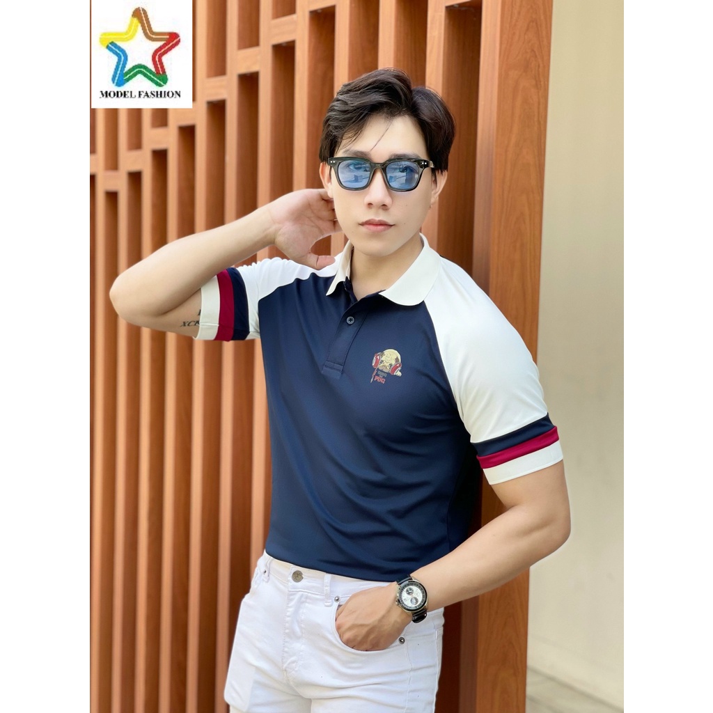 Áo thun polo nam nữ tay ngắn trắng phối xanh đen 2 sọc tay Hàn Quốc Model Fashion