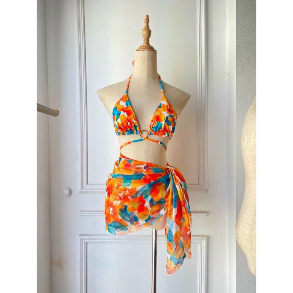 Bikini bộ bơi đồ bơi đi biển nữ tam giác hoạ tiết hoa cam kèm khăn voan siêu sang EVA SHOP S3MTGHC