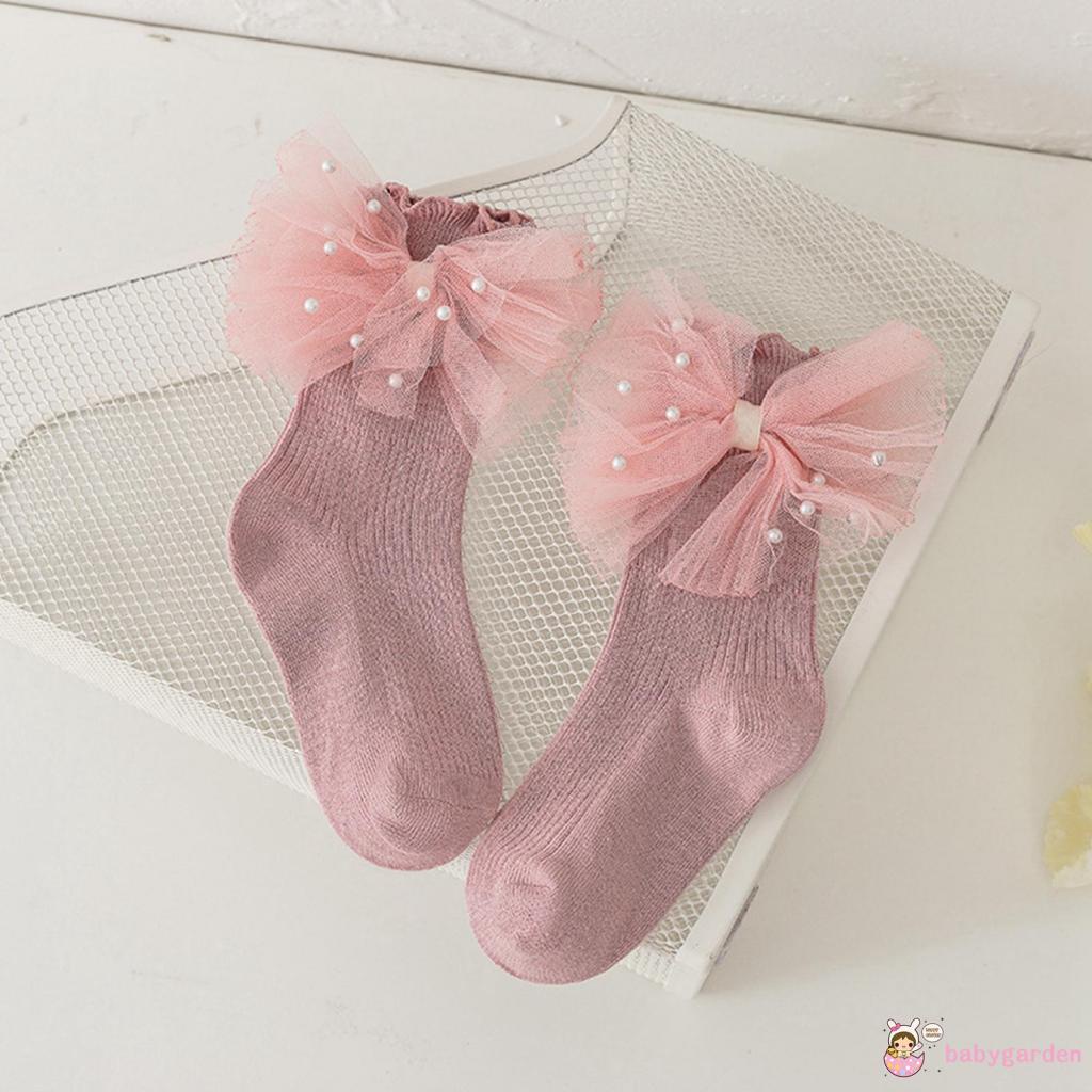 Vớ Dài Vải Tuyn Mềm Mại Trọng Lượng Nhẹ Đính Nơ Ngọc Trai Dễ Thương Cho Bé Gái 1-8 Tuổi