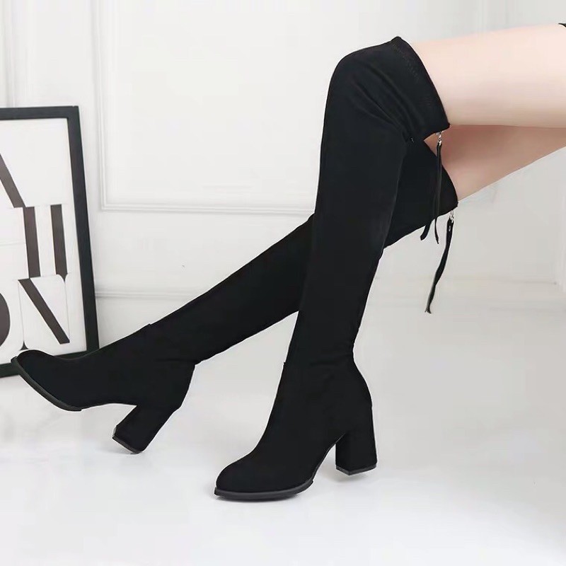 Boots đùi Ulzzang da lộn gót vuông cao 8cm