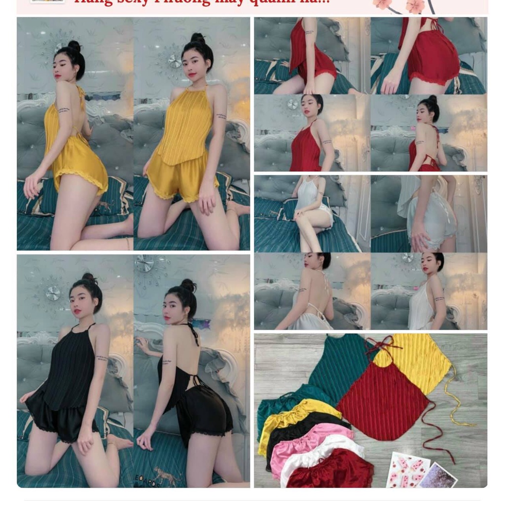 Đồ Ngủ Sexy Nữ - Set yếm ngủ gợi cảm cực hot chất lụa mềm mịn free size dưới 58kg