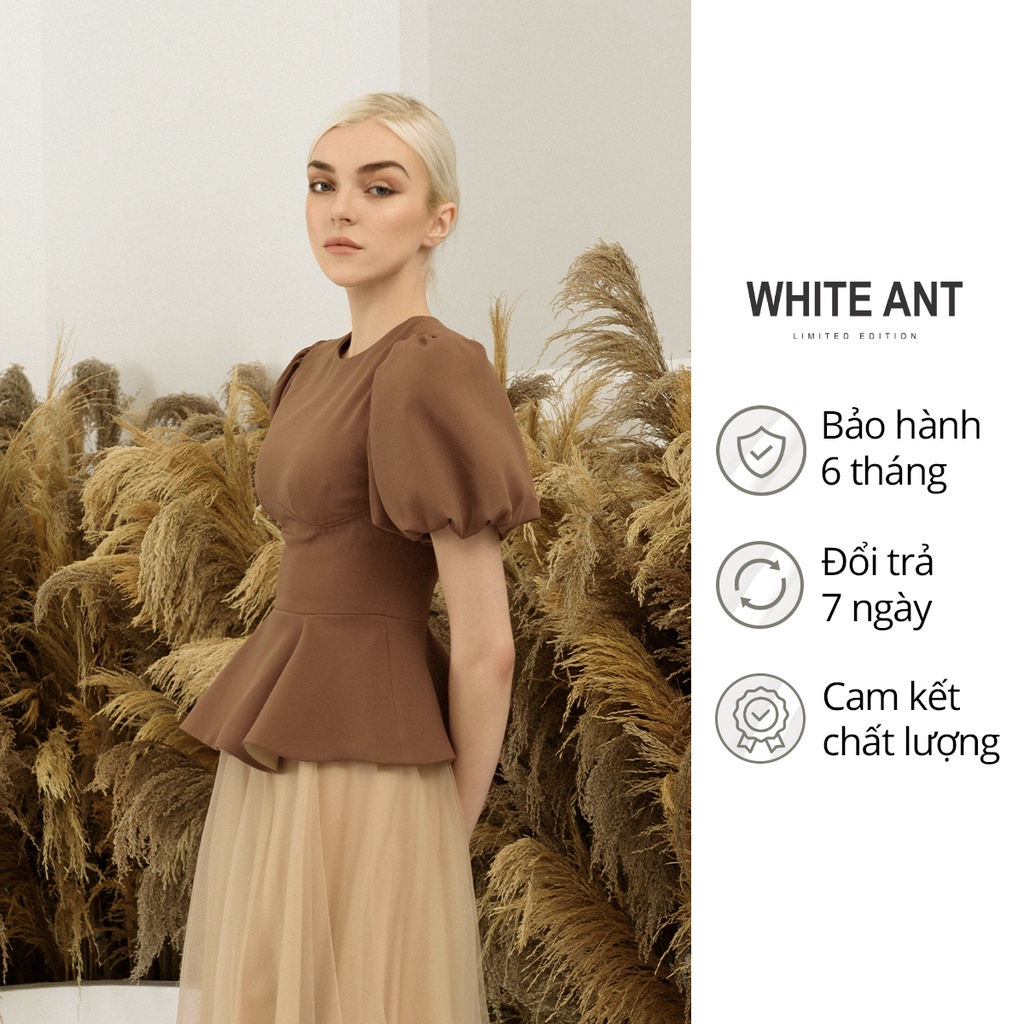 Áo peplum tay bồng nữ đai eo bọc da đi kèm White Ant