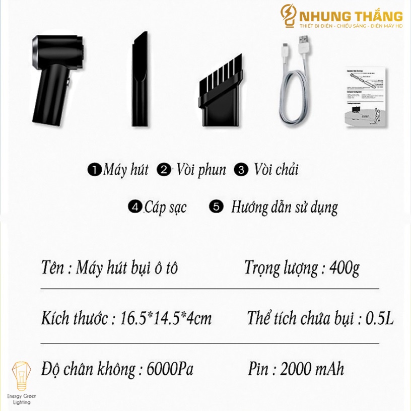 Máy Hút Bụi Không Dây Cầm Tay Trên Ôtô HB-660 - Lực Hút Mạnh - Dung Tích 0.5L - Công Suất 120w - Pin Sạc Tích Điện