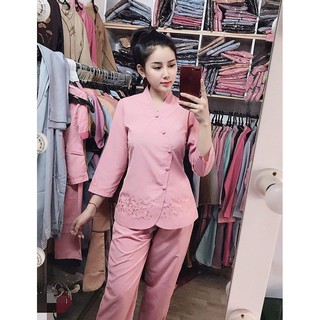 NHÂP MÃ  "QUANTD12" GIẢM  10% BỘ QUẦN ÁO PHẬT TỬ - QUẦN ÁO ĐI CHÙA: BỘ VẠT CHÉO THÊU GẤU MÀU HỒNG