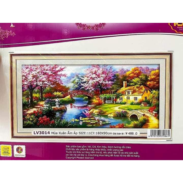 Tranh thêu chữ thập ngôi nhà tổ ấm thêu kín toàn tranh KT:180x90cm, Tranh chưa thêu và chưa khung. Tặng kéo và sỏ chỉ.