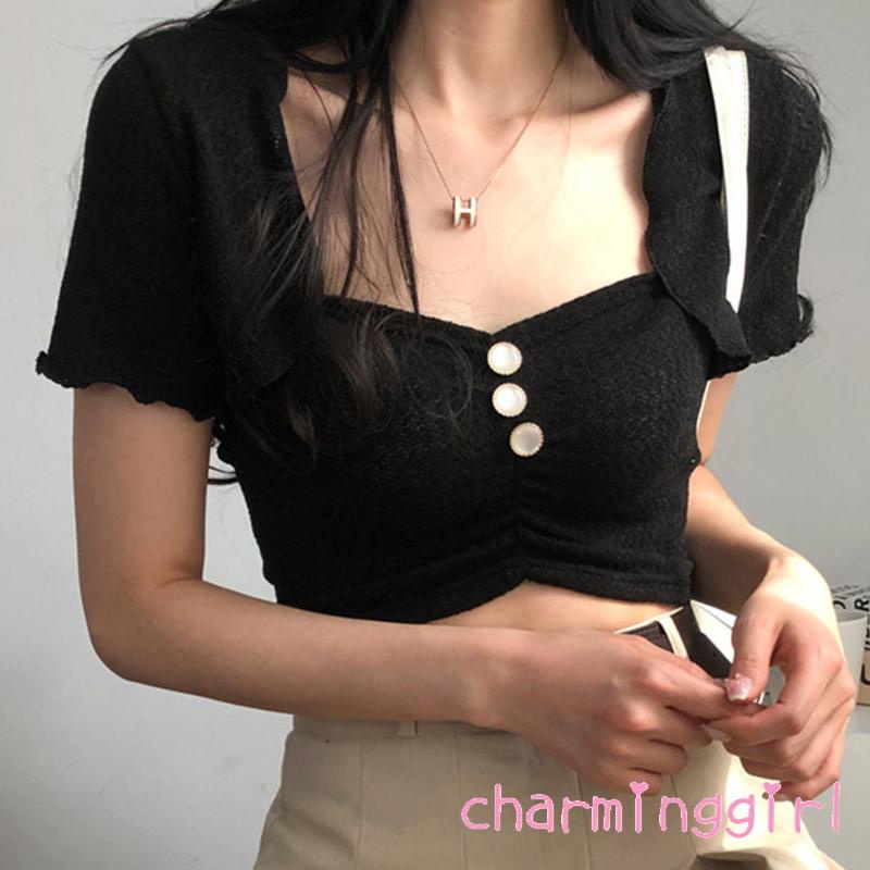 Set Áo Croptop Hai Dây + Áo Khoác Tay Ngắn Màu Trơn Phối Nút Thời Trang Cho Nữ