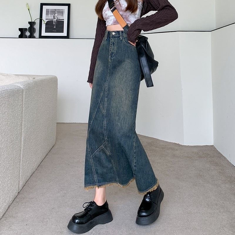 [Hàng Sẵn] Chân váy jean dáng dài cạp cao có xẻ sau hàng chất lượng | BigBuy360 - bigbuy360.vn
