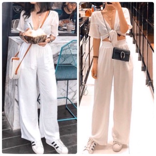 Set áo cột nơ ngực quần trắng ống rộng