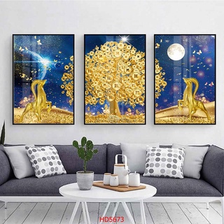 Tranh Laminate Tráng Gương - Tranh Treo Tường Phong Thuỷ Mừng Tân Gia, Khai Trương Cây Kim Tiền Tài Lộc (Bộ 3 Tấm)