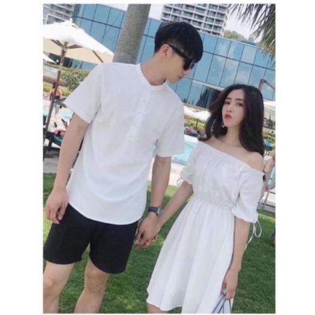 Đồ cặp nam nữ váy sơmi đôi trễ vai trắng phối cùng áo nam cổ tròn thanh lịch