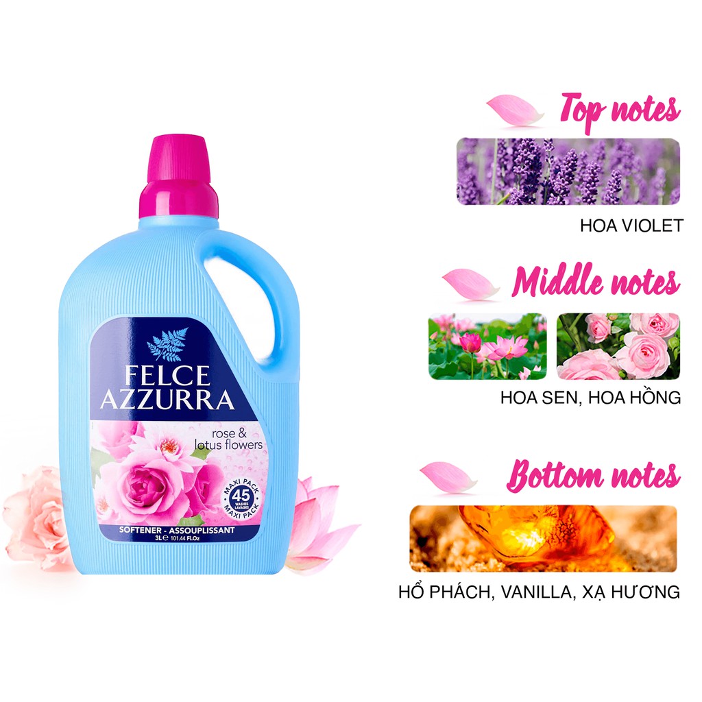 Nước xả vải nước hoa Siêu mềm mượt Felce Azzurra  2- 3L, quần áo mềm mại và thơm lâu gấp 10 lần