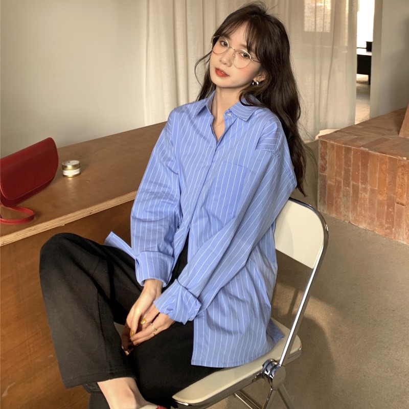 Áo sơ mi tay dài dáng rộng họa tiết kẻ sọc thời trang trẻ trung cho phái nữ