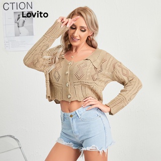 1215XJ-Áo sweater Lovito khoét rỗng cổ bẻ màu trơn phong cách thường ngày L10064 (màu kaki)