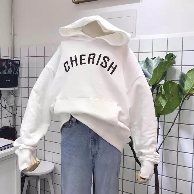 Áo hoodie nữ vải nỉ lót bông dày dặn thêu Cherish