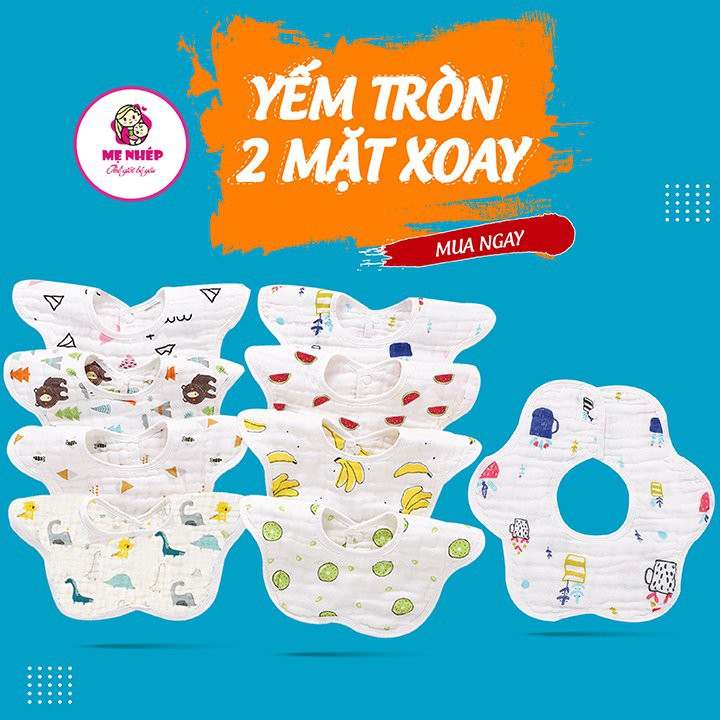 Yếm tròn 2 mặt xoay 360 độ chất liệu vải xô 8 lớp dày dặn siêu thấm hút