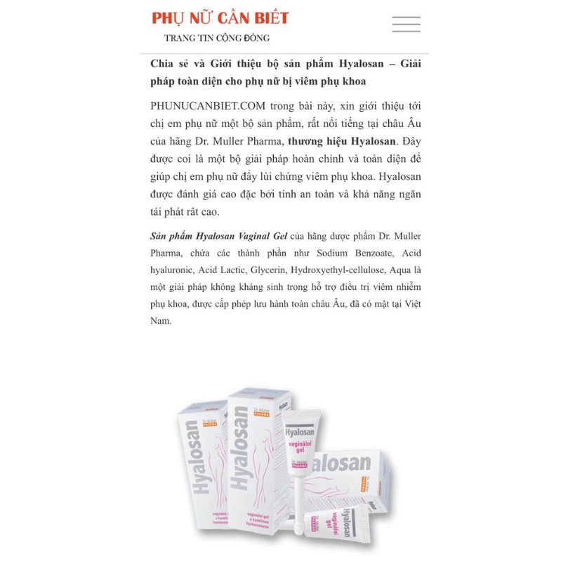 Hyalosan vaginal gel - Giải pháp  hỗ trợ điều trị viêm phụ khoa