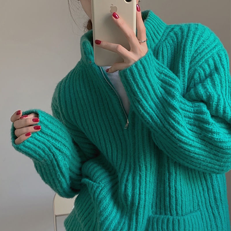 Áo khoác Cardigan dệt kim cổ cao phong cách Hàn Quốc cho nữ