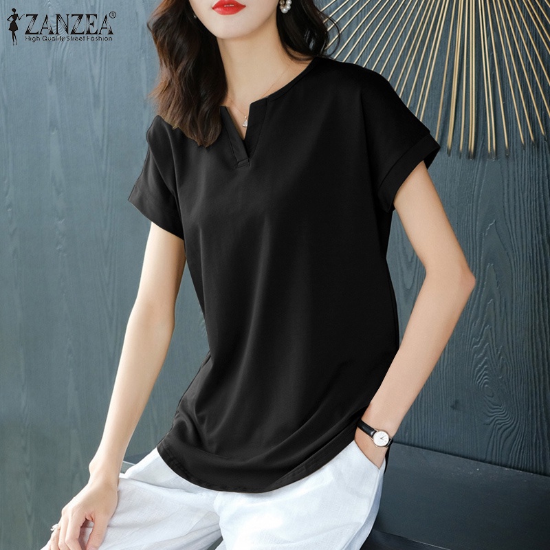 Áo thun Zanzea tay ngắn màu trơn xẻ tà kiểu dáng thời trang cho nữ