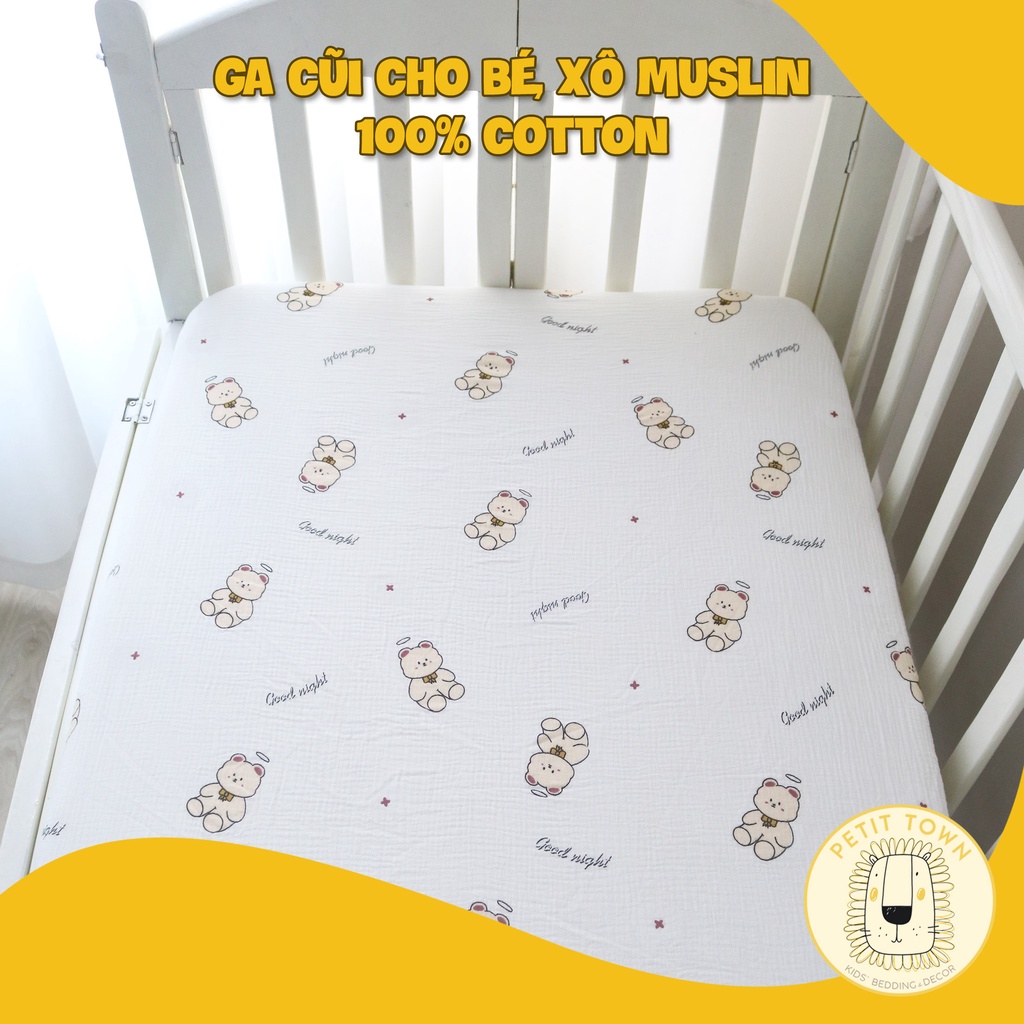 Ga cũi cho bé, ga cũi, ga trải nệm, họa tiết gấu trắng, vải xô muslin, 100% cotton