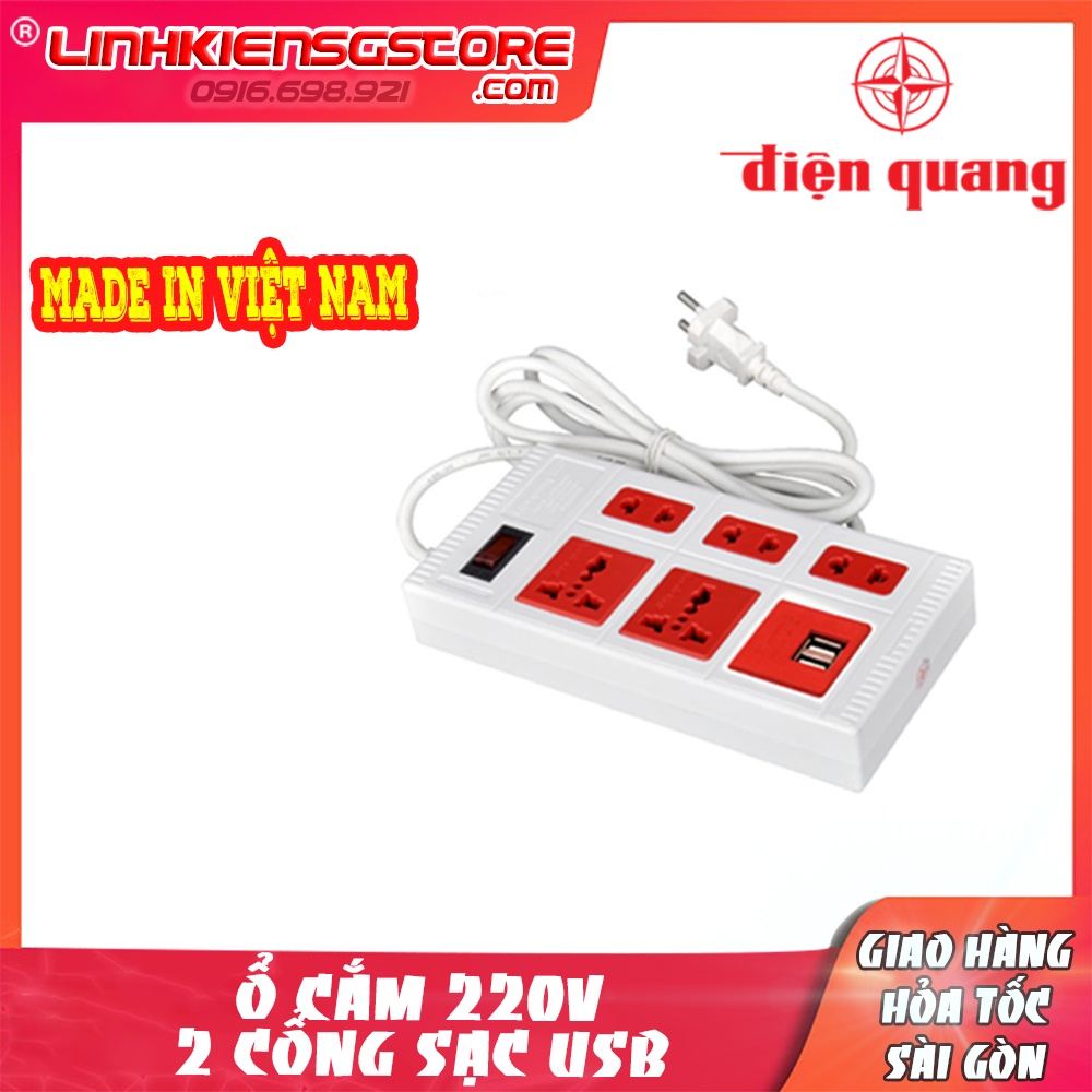 Ổ Cắm Điện Quang 5 Lổ Nguồn 220 V Dây Dài 2M 2 Lổ Cắm USB Sạc Điện Thoại Cao Cấp Made In VietNam