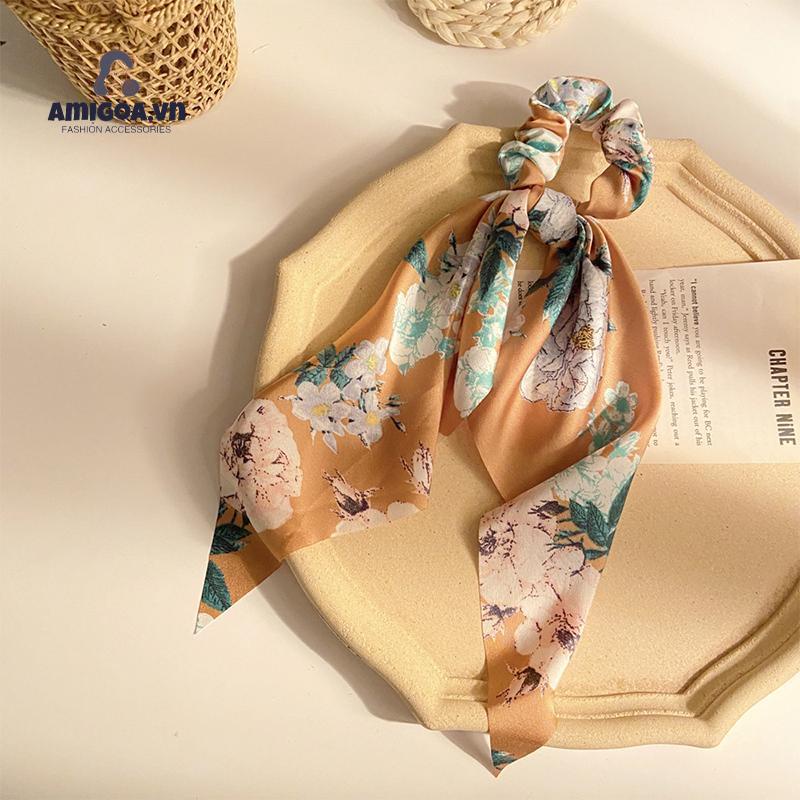 Dây Cột Tóc Cao Su Bản Lớn Thắt Nơ Tam Giác Thắt Dây In Họa Tiết Hoa Cổ Điển