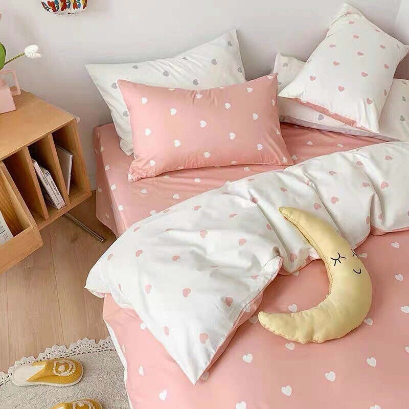 Bộ chăn ga gối tim trắng chất liệu cotton polly cao cấp hoại tiết tim kute đủ size miễn phí bo chun