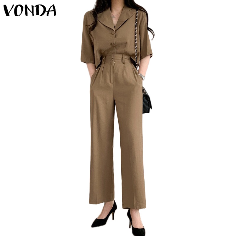 Bộ VONDA gồm áo sơ mi trơn ngắn tay đính nút + quần lưng cao ống suông thời trang Hàn Quốc cho nữ