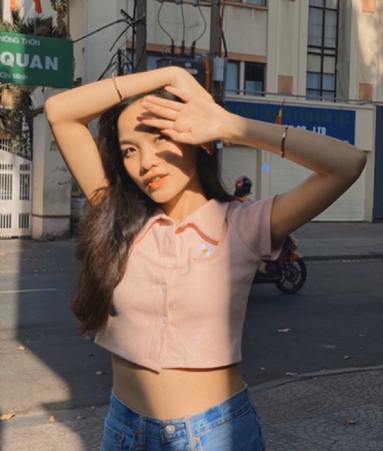 Áo thun cổ bẻ croptop thêu hoa