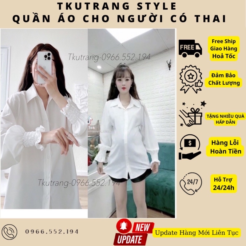 Áo bầu sơ mi nữ dài tay bo nhún cổ tay vải lụa trắng cổ bẻ form rộng SM14